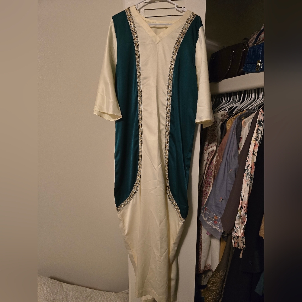 Chic Long Sleeve Cream and Green Dress